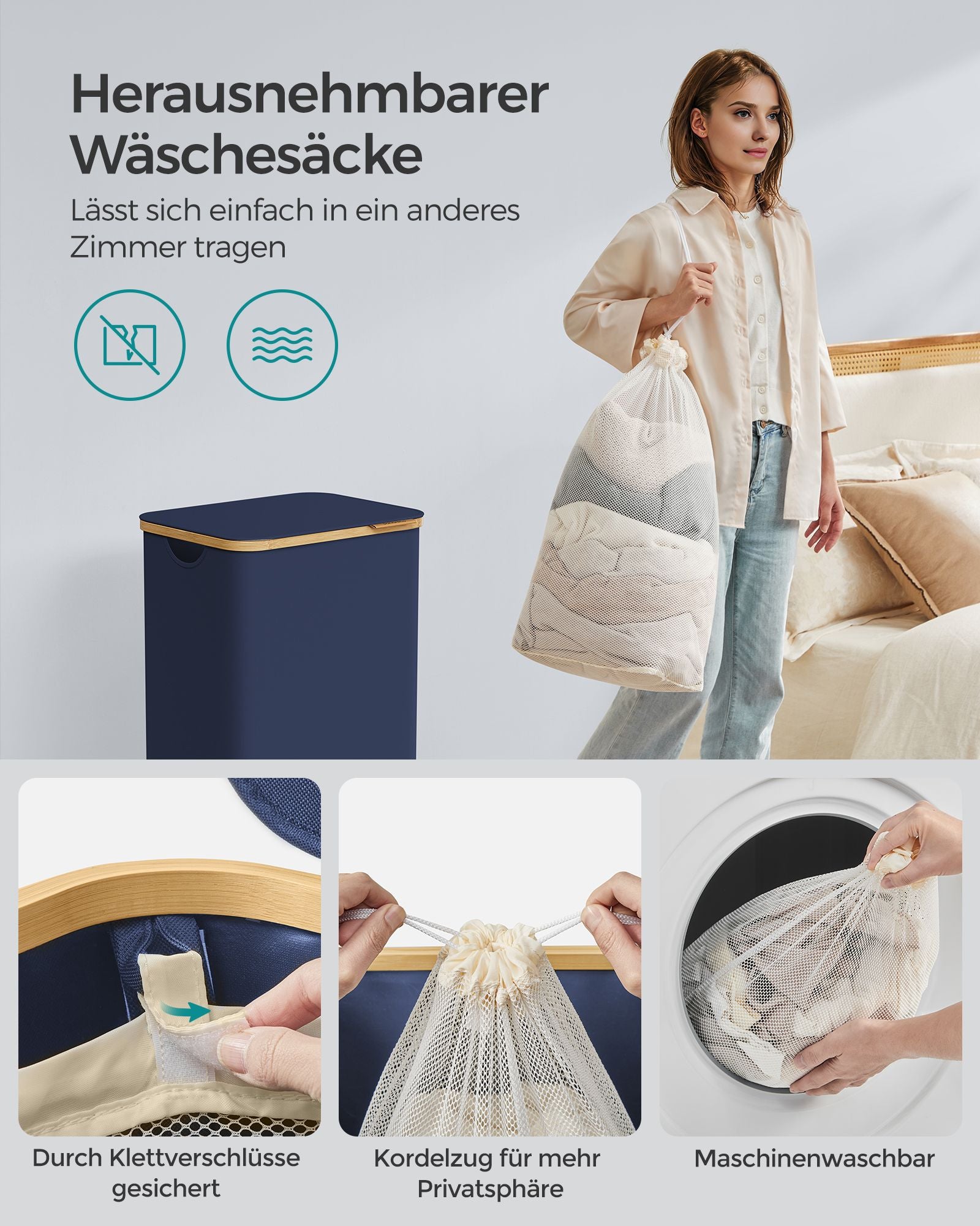 Wäschekorb mit Deckel, Wäschesack, 90 L, Herausnehmbarer Sack, eignet als Waschbeutel, Anthrazitblau, SONGMICS, 6