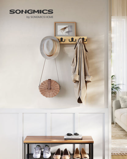 Garderobenleiste, Wandgarderobe, Wandregal, 4 Doppelhaken aus Metall, platzsparend für Flur, naturbeige, SONGMICS, 3