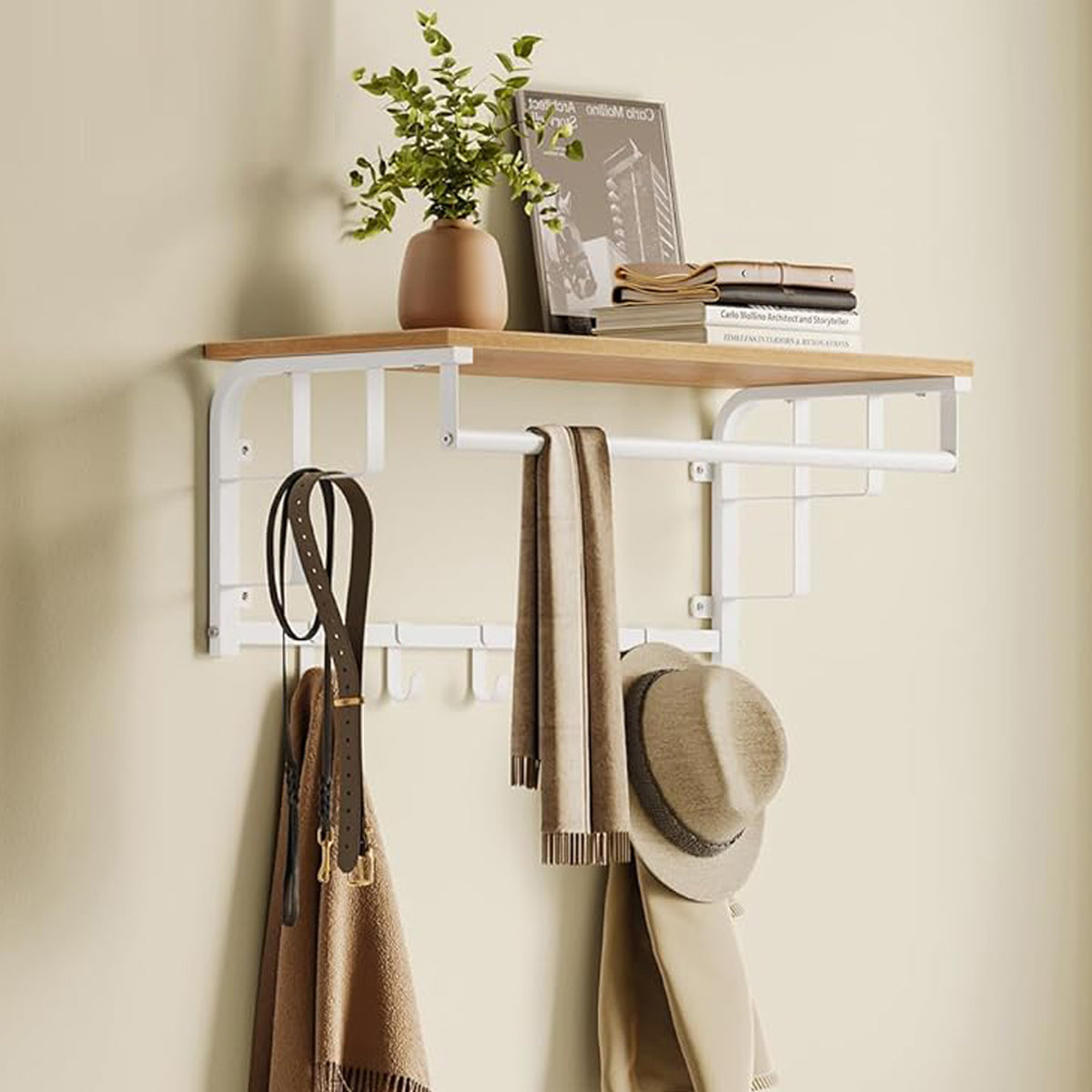 Wandgarderobe, 66x30x27cm, Wandgarderobe mit Ablage, 5 abnehmbaren Haken, Eichen-Weiß, VASAGLE, 0