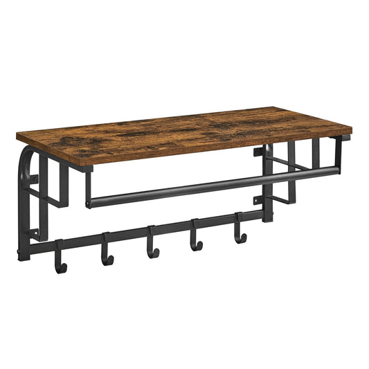 Wandgarderobe, 66x30x27cm, Wandgarderobe mit Ablage, 5 abnehmbaren Haken, Rustikales Braun, Schwarz, VASAGLE, 0