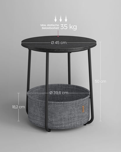 Beistelltisch rund, D 50 cm, mit Korb aus Stoff, Couchtisch klein, Sofatisch, Wohnzimmertisch, ebenholzschwarz-schiefergrau, VASAGLE, 3