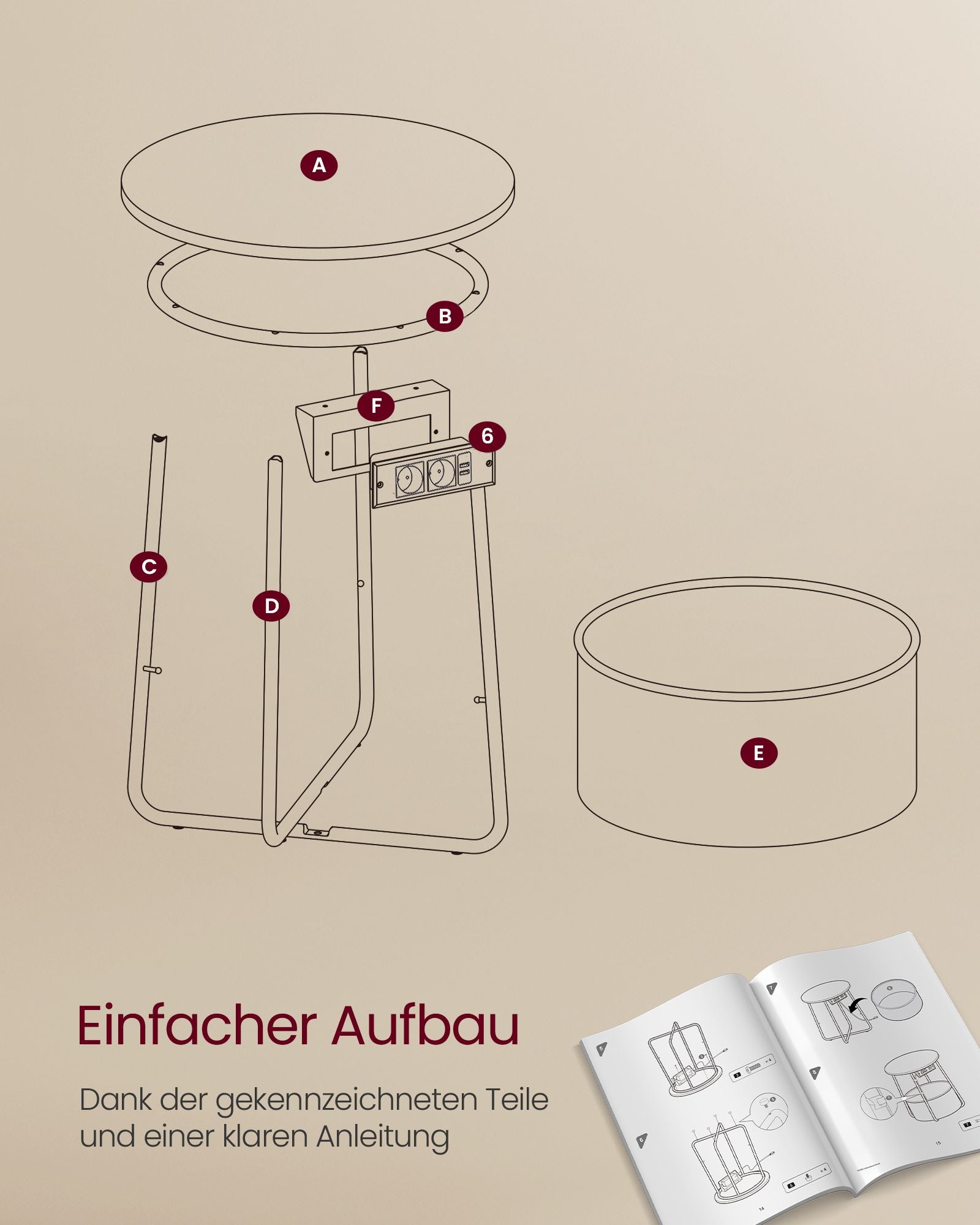 Beistelltisch rund, mit Steckdose, Couchtisch klein, Sofatisch, Wohnzimmertisch, Korb aus Stoff,  mattweiß-Kamelbraun, VASAGLE, 8