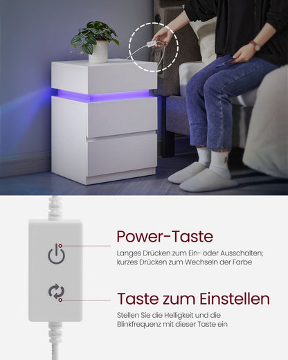 Nachttisch, mit LED-Beleuchtung, einstellbare Farben, Nachttisch mit schublade, Nachtschrank, 3 Schubladen, weiß, VASAGLE, 6