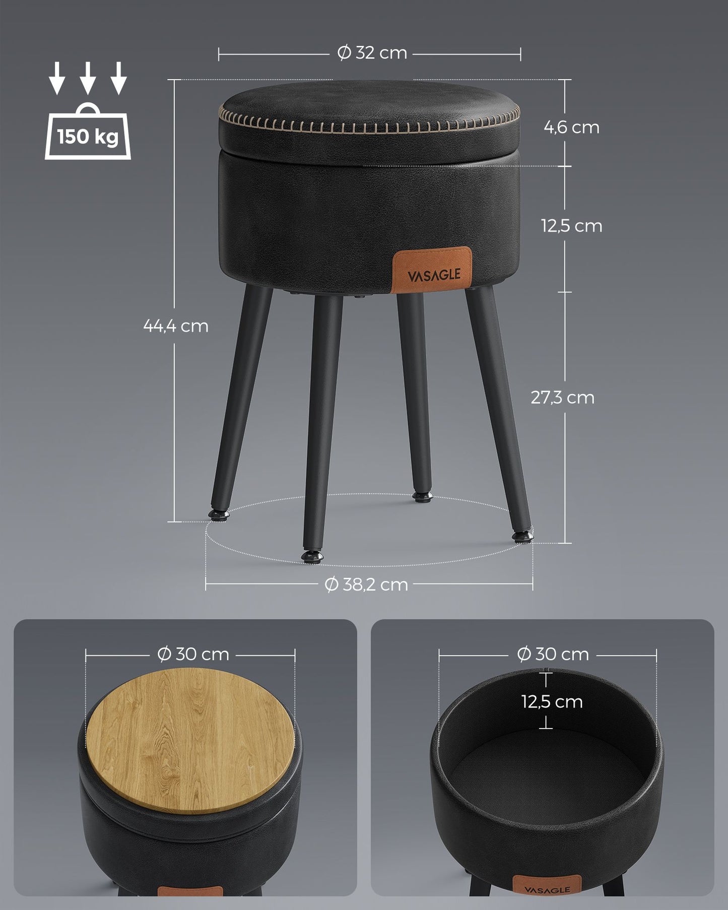 Sitztruhe mit Stauraum, Rund, Sitzhocker, Sitzbank, Sitztruhe, Kunstleder, Stahlbeine, bis 150kg belastbar, Schwarz, VASAGLE, 6