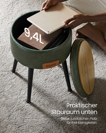 Sitzhocker, Sitztruhe, Rund, Sitztruhe mit Stauraum, Sitzbank, Kunstleder, Stahlbeine, bis 150kg belastbar, Grün, VASAGLE, 2