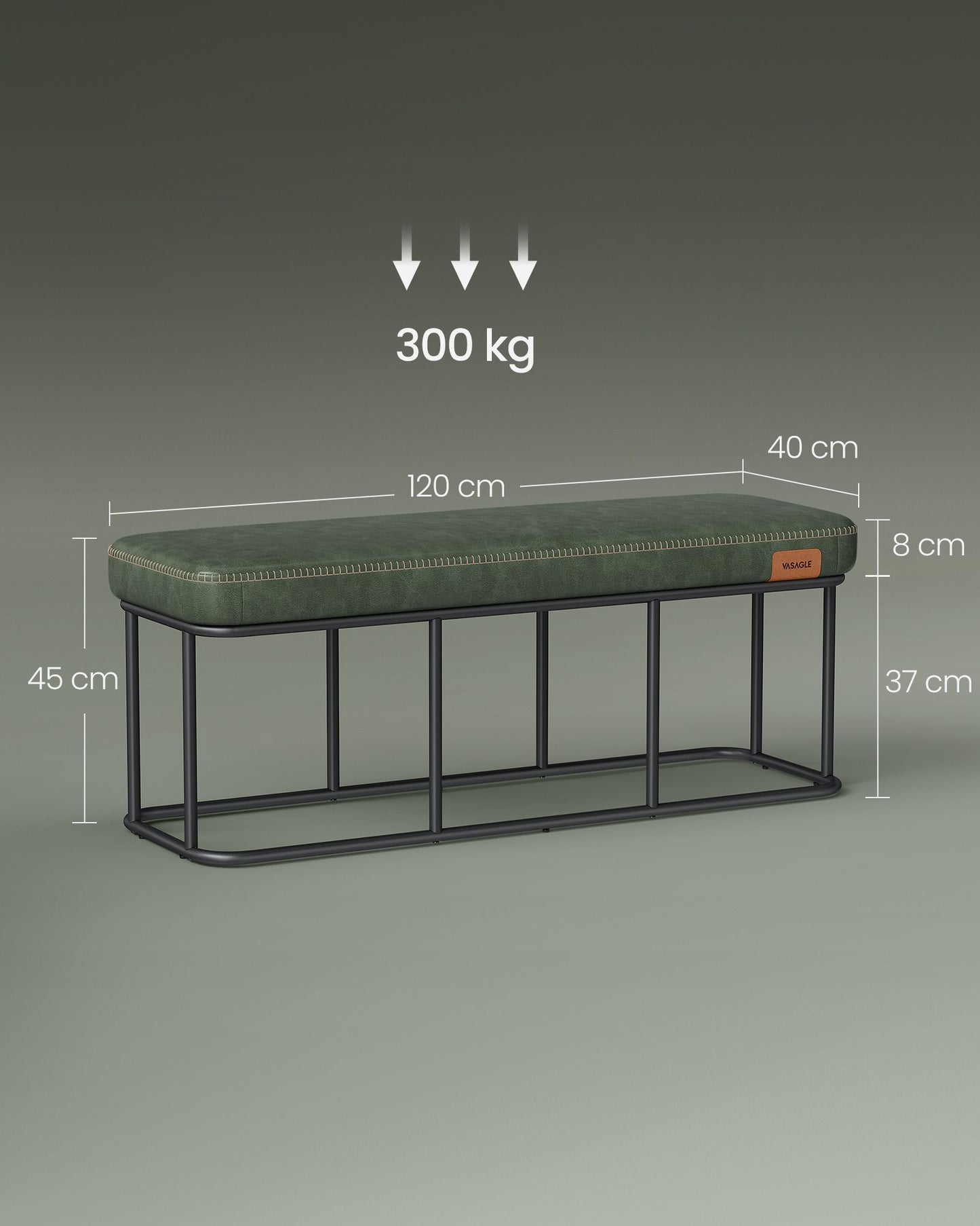 Sitzbank schlafzimmer, Bettbank, Sitzbank, Sitzbank esszimmer, Kunstleder, Nähte, mit Metallrahmen, bis 300kg, Grün, VASAGLE, 6