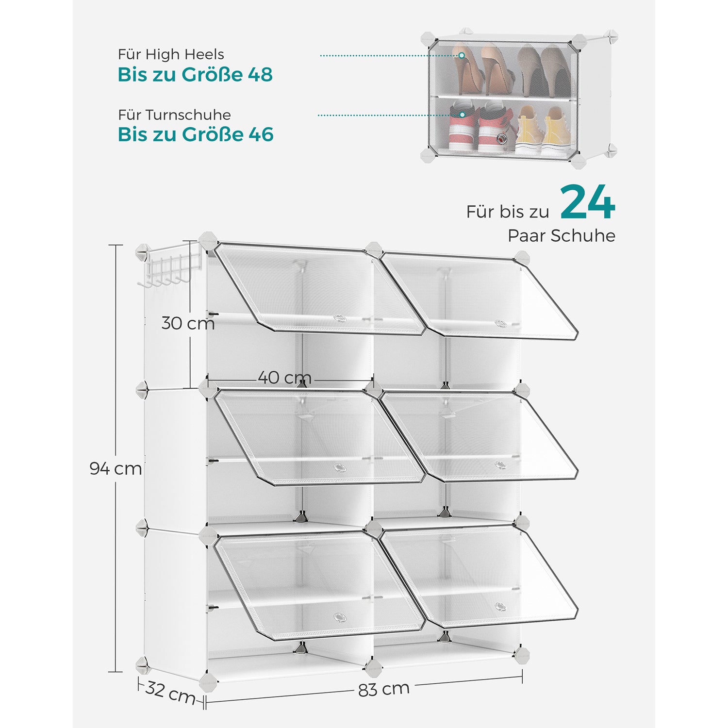 Schuhschrank, Schuhregal geschlossen, mit 6 Fächern, Schuhaufbewahrung, 83x 32x94 cm, Weiß, SONGMICS, 8