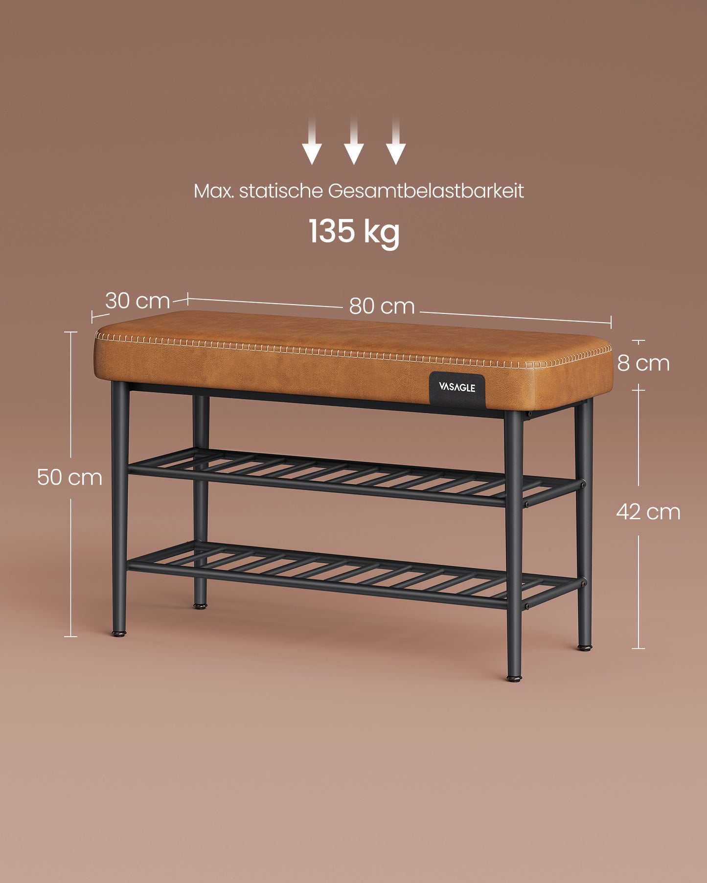 Schuhbank, Schuhregal, Sitzbank, Schuhregal mit sitzbank, Eingangsbereich, Kunstleder, Nähte, bis 135kg, Karamell, VASAGLE, 8