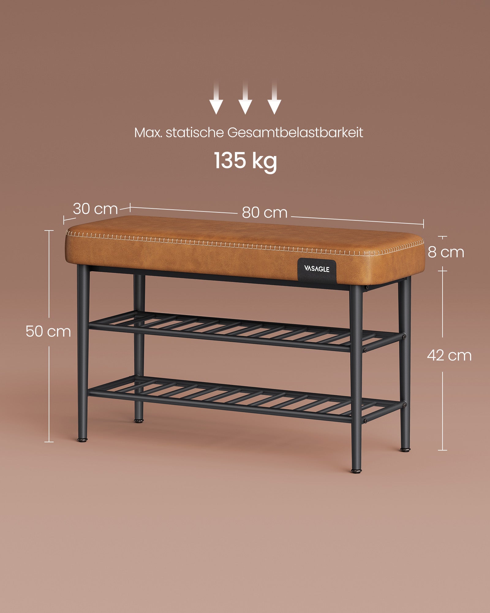 Schuhbank, Schuhregal, Sitzbank, Schuhregal mit sitzbank, Eingangsbereich, Kunstleder, Nähte, bis 135kg, Karamell, VASAGLE, 8