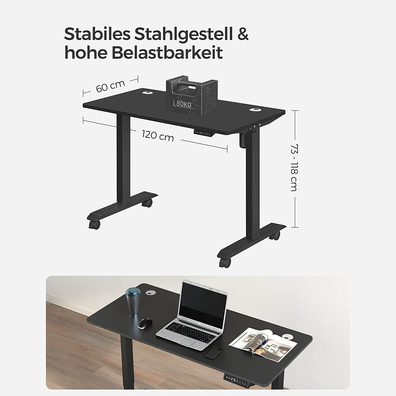 Höhenverstellbarer Schreibtisch Elektrisch, 60x120 cm, PC-Tisch, Standing desk, mit 3 Höhen, Schwarz, Songmics, 3