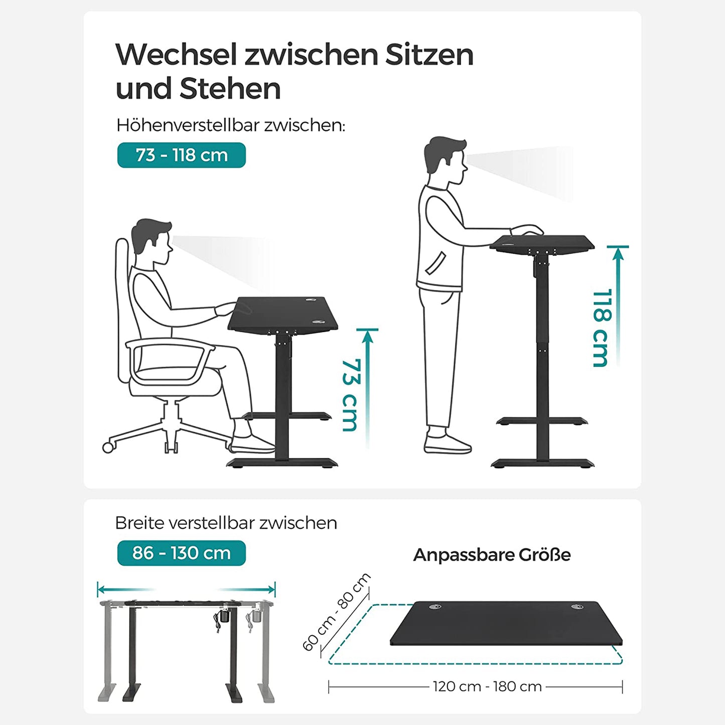 Höhenverstellbarer Schreibtisch Elektrisch, 60x120 cm, PC-Tisch, Standing desk, mit 3 Höhen, Schwarz, Songmics, 4