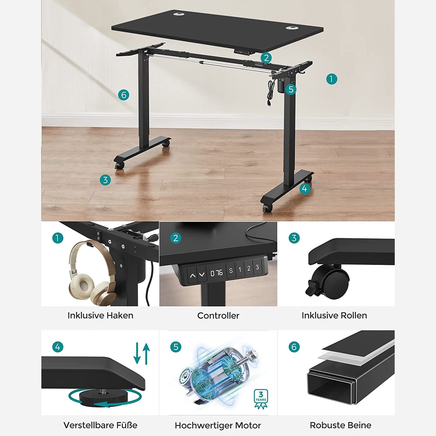 Höhenverstellbarer Schreibtisch Elektrisch, 60x120 cm, PC-Tisch, Standing desk, mit 3 Höhen, Schwarz, Songmics, 7