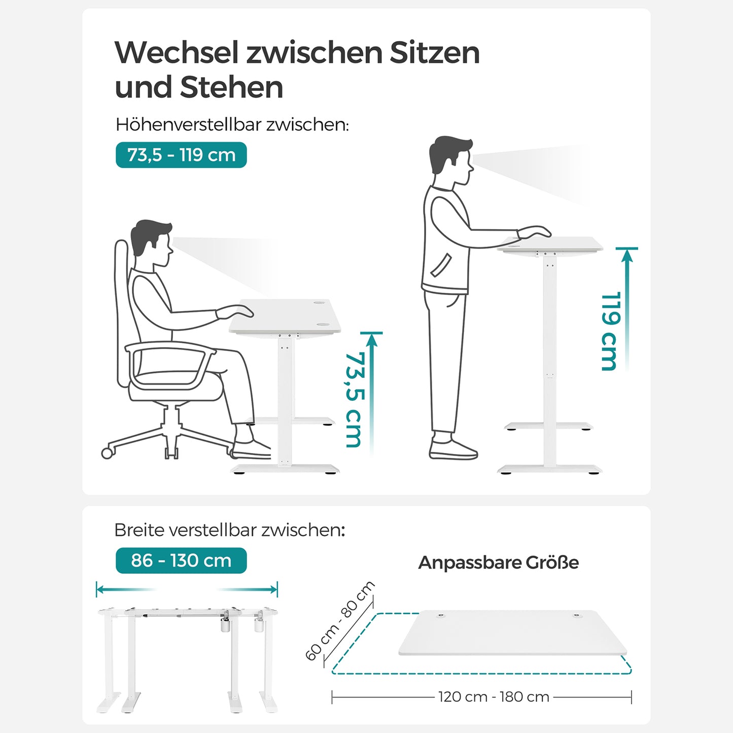 Höhenverstellbarer Schreibtisch Elektrisch, 60x120 cm, PC-Tisch, Standing desk, Memory-Funktion mit 3 Höhen, Weiß, Songmics, 2