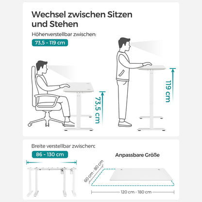 Höhenverstellbarer Schreibtisch Elektrisch, 60x120 cm, PC-Tisch, Standing desk, Memory-Funktion mit 3 Höhen, Weiß, Songmics, 2