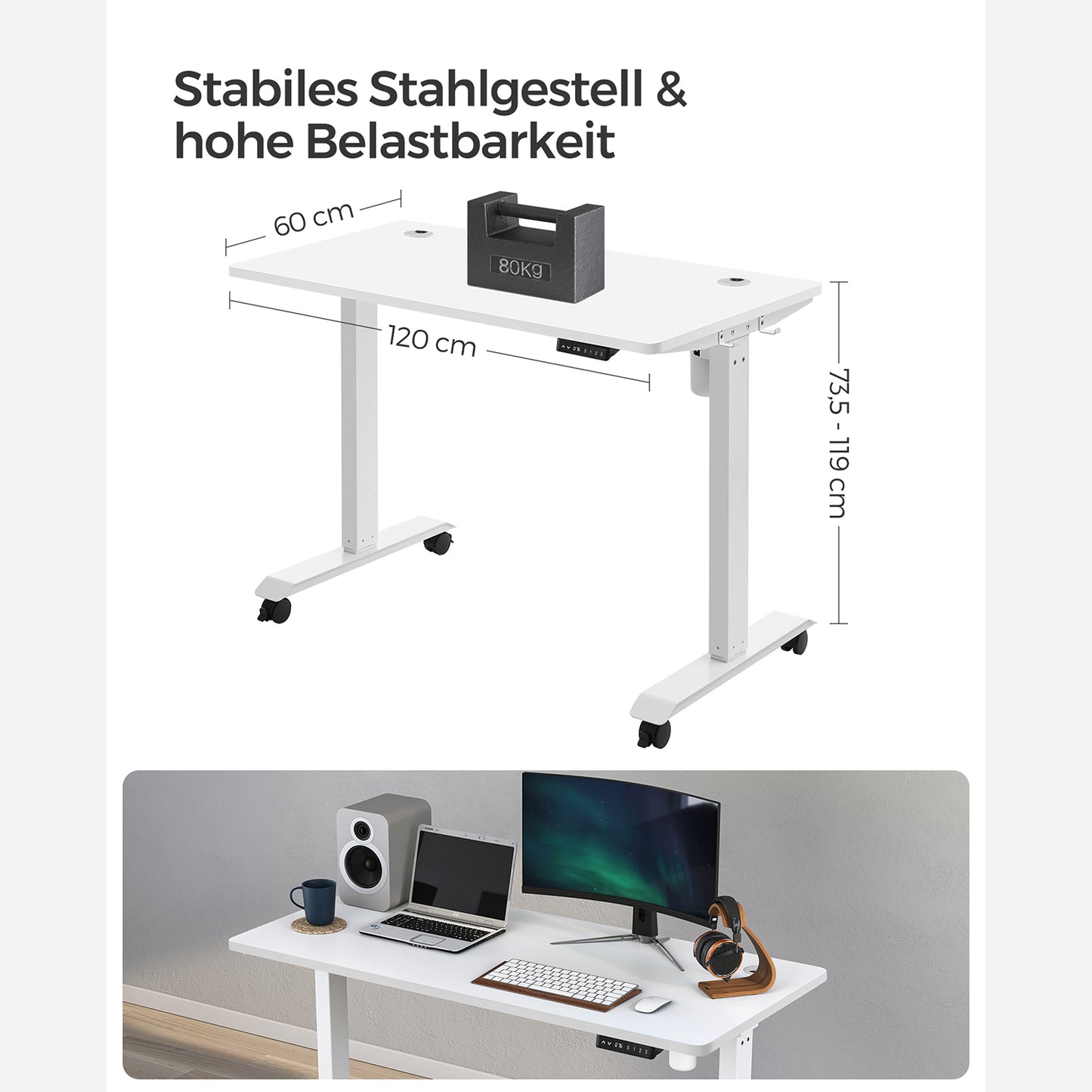 Höhenverstellbarer Schreibtisch Elektrisch, 60x120 cm, PC-Tisch, Standing desk, Memory-Funktion mit 3 Höhen, Weiß, Songmics, 5