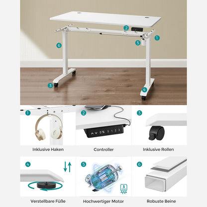 Höhenverstellbarer Schreibtisch Elektrisch, 60x120 cm, PC-Tisch, Standing desk, Memory-Funktion mit 3 Höhen, Weiß, Songmics, 6