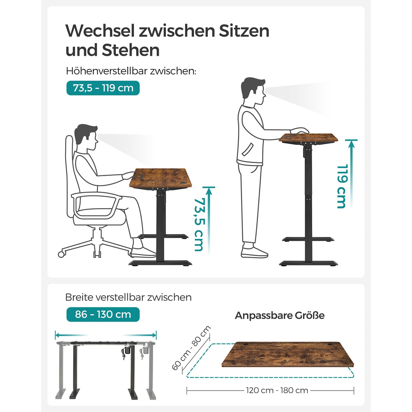 Höhenverstellbarer Schreibtisch Elektrisch, 60x120 cm, PC-Tisch, Computertisch, mit 3 Höhen, Vintagebraun Schwarz, Songmics, 3