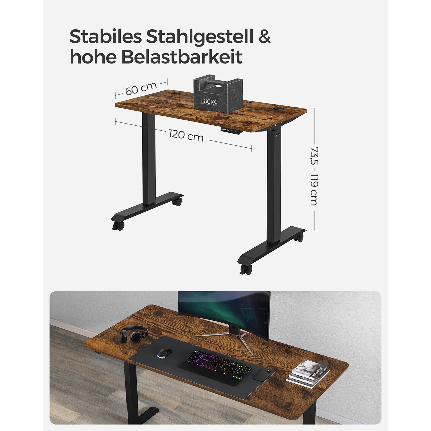 Höhenverstellbarer Schreibtisch Elektrisch, 60x120 cm, PC-Tisch, Computertisch, mit 3 Höhen, Vintagebraun Schwarz, Songmics, 6