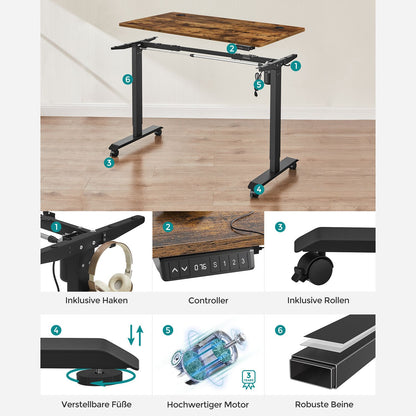 Höhenverstellbarer Schreibtisch Elektrisch, 60x120 cm, PC-Tisch, Computertisch, mit 3 Höhen, Vintagebraun Schwarz, Songmics, 9