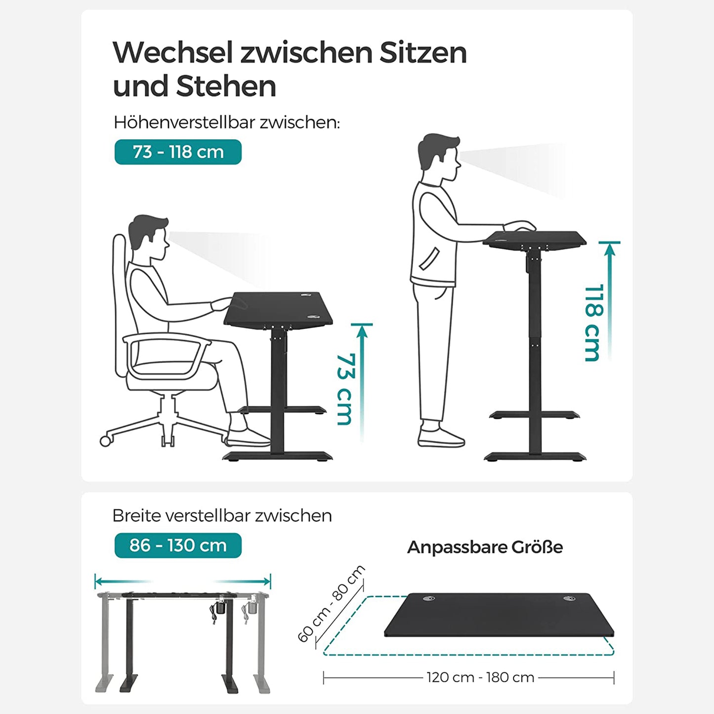 Höhenverstellbarer Schreibtisch Elektrisch, 70x140 cm, PC-Tisch, Computertisch, mit 3 Höhen, Schwarz, Songmics, 4