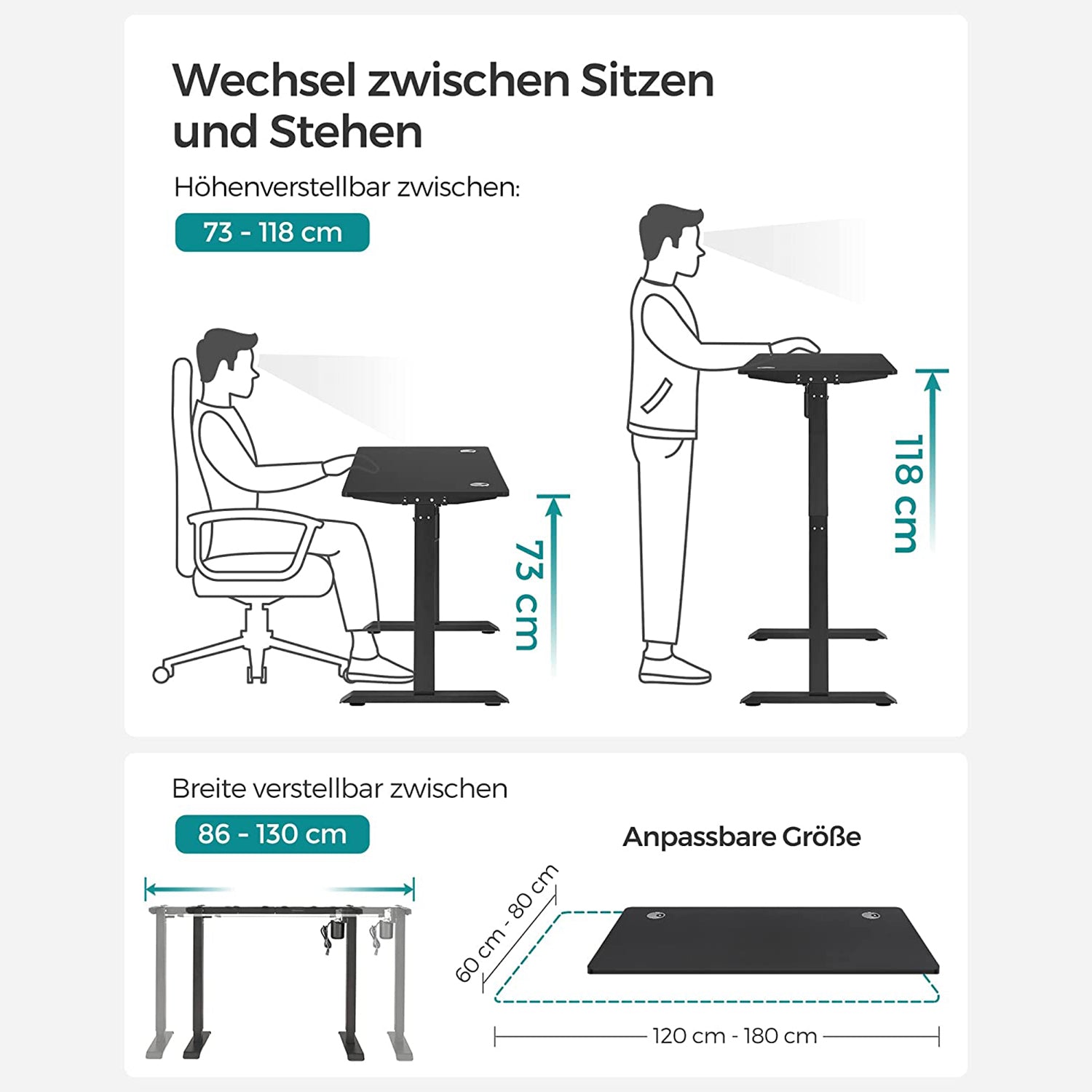 Höhenverstellbarer Schreibtisch Elektrisch, 70x140 cm, PC-Tisch, Computertisch, mit 3 Höhen, Schwarz, Songmics, 4