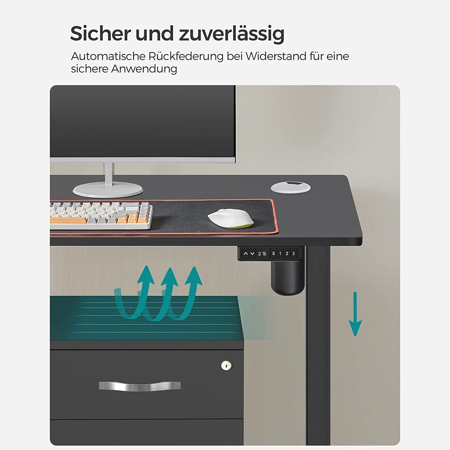 Höhenverstellbarer Schreibtisch Elektrisch, 70x140 cm, PC-Tisch, Computertisch, mit 3 Höhen, Schwarz, Songmics, 6