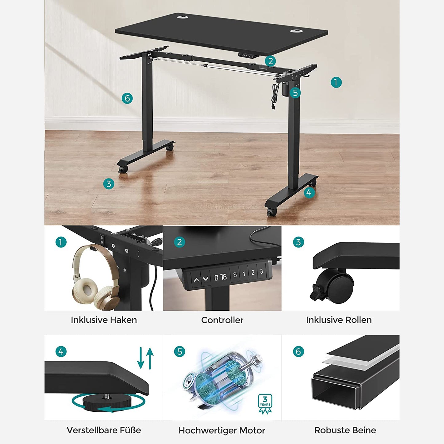 Höhenverstellbarer Schreibtisch Elektrisch, 70x140 cm, PC-Tisch, Computertisch, mit 3 Höhen, Schwarz, Songmics, 7