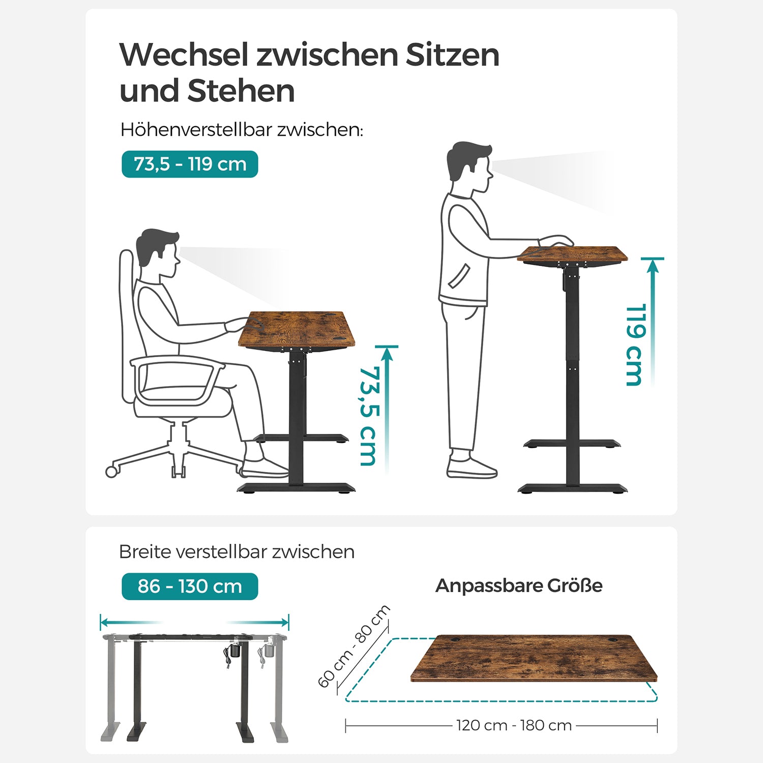 Höhenverstellbarer Schreibtisch Elektrisch, 70x140 cm, Standing desk, Computertisch, mit 3 Höhen, Vintagebraun, Songmics, 3