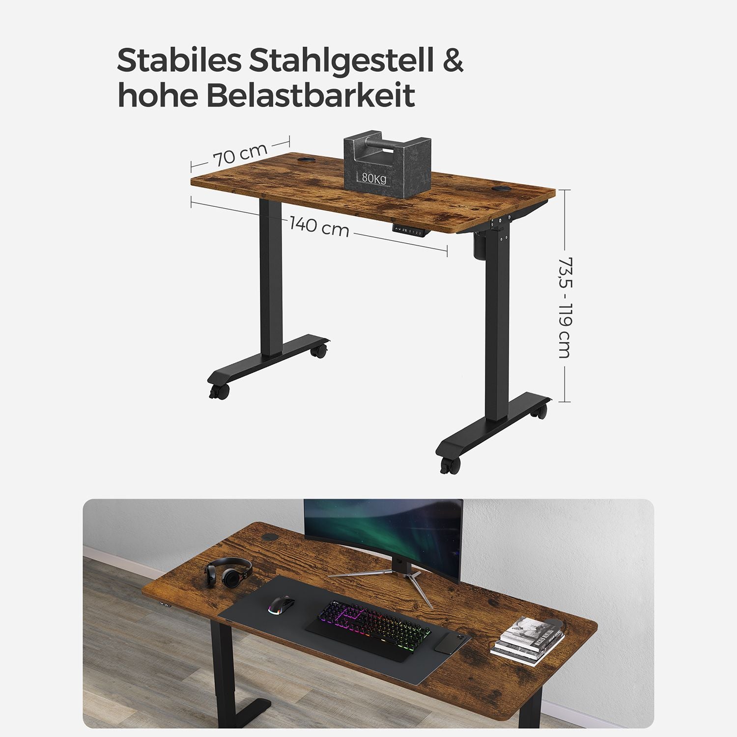 Höhenverstellbarer Schreibtisch Elektrisch, 70x140 cm, Standing desk, Computertisch, mit 3 Höhen, Vintagebraun, Songmics, 6