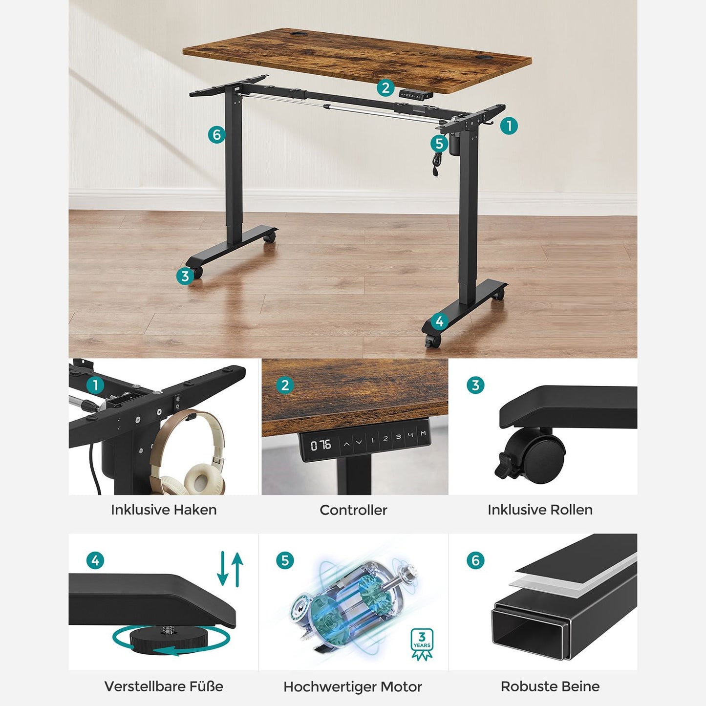 Höhenverstellbarer Schreibtisch Elektrisch, 70x140 cm, Standing desk, Computertisch, mit 3 Höhen, Vintagebraun, Songmics, 7