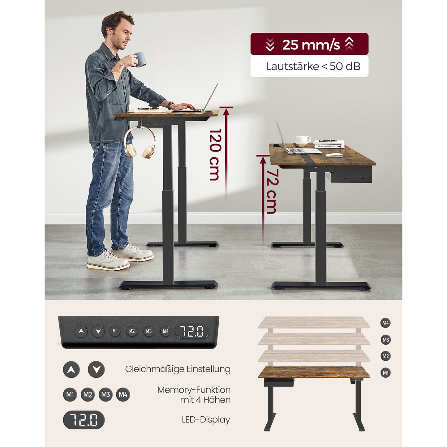 Höhenverstellbarer Schreibtisch Elektrisch, Computertisch, mit Steckdose, 60x140 cm, mit 4 Höhen, Vintagebraun, Vasagle, 3