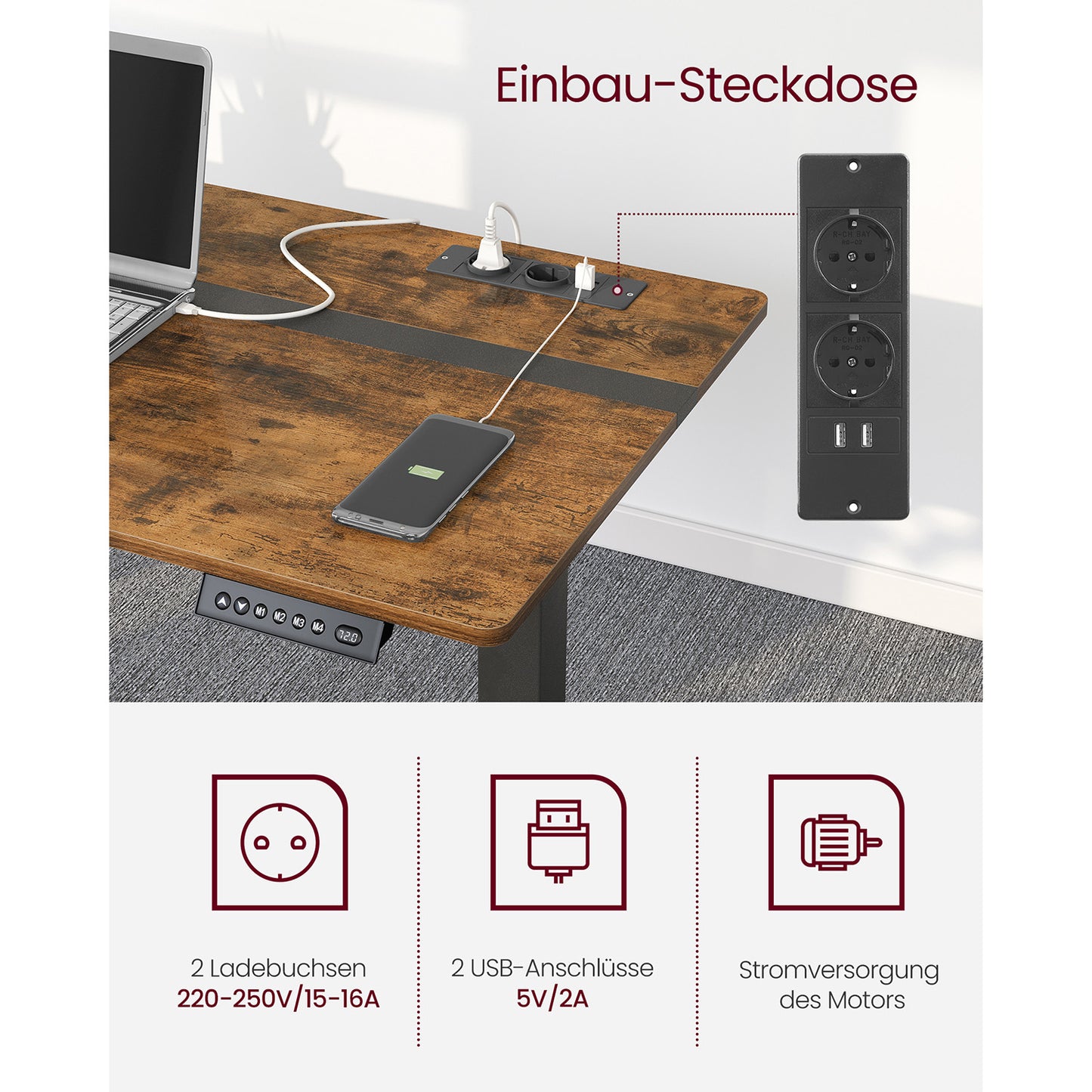 Höhenverstellbarer Schreibtisch Elektrisch, Computertisch, mit Steckdose, 60x140 cm, mit 4 Höhen, Vintagebraun, Vasagle, 4