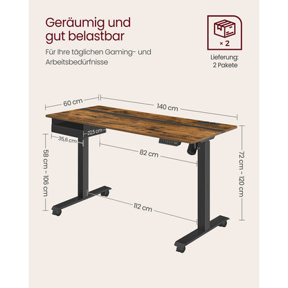 Höhenverstellbarer Schreibtisch Elektrisch, Computertisch, mit Steckdose, 60x140 cm, mit 4 Höhen, Vintagebraun, Vasagle, 6