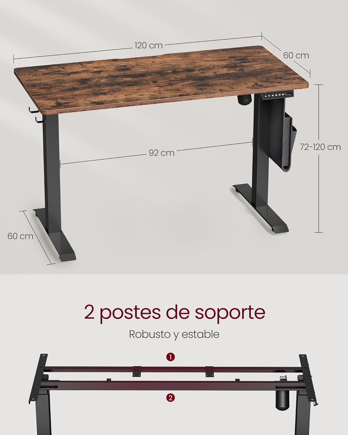 Höhenverstellbarer Schreibtisch elektrisch, Computertisch, 60x120 cm, Standing desk, mit 4 Höhen, Vintagebraun, Vasagle, 2