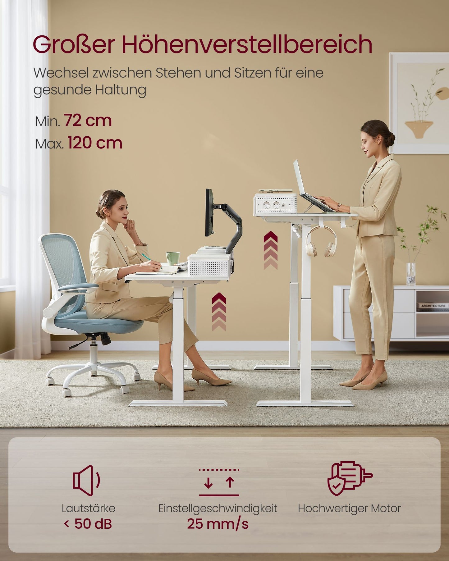 Höhenverstellbarer Schreibtisch Elektrisch, Computertisch, 60x120 cm, mit Monitorständer, Steckdosenleiste, Weiß, Vasagle, 3