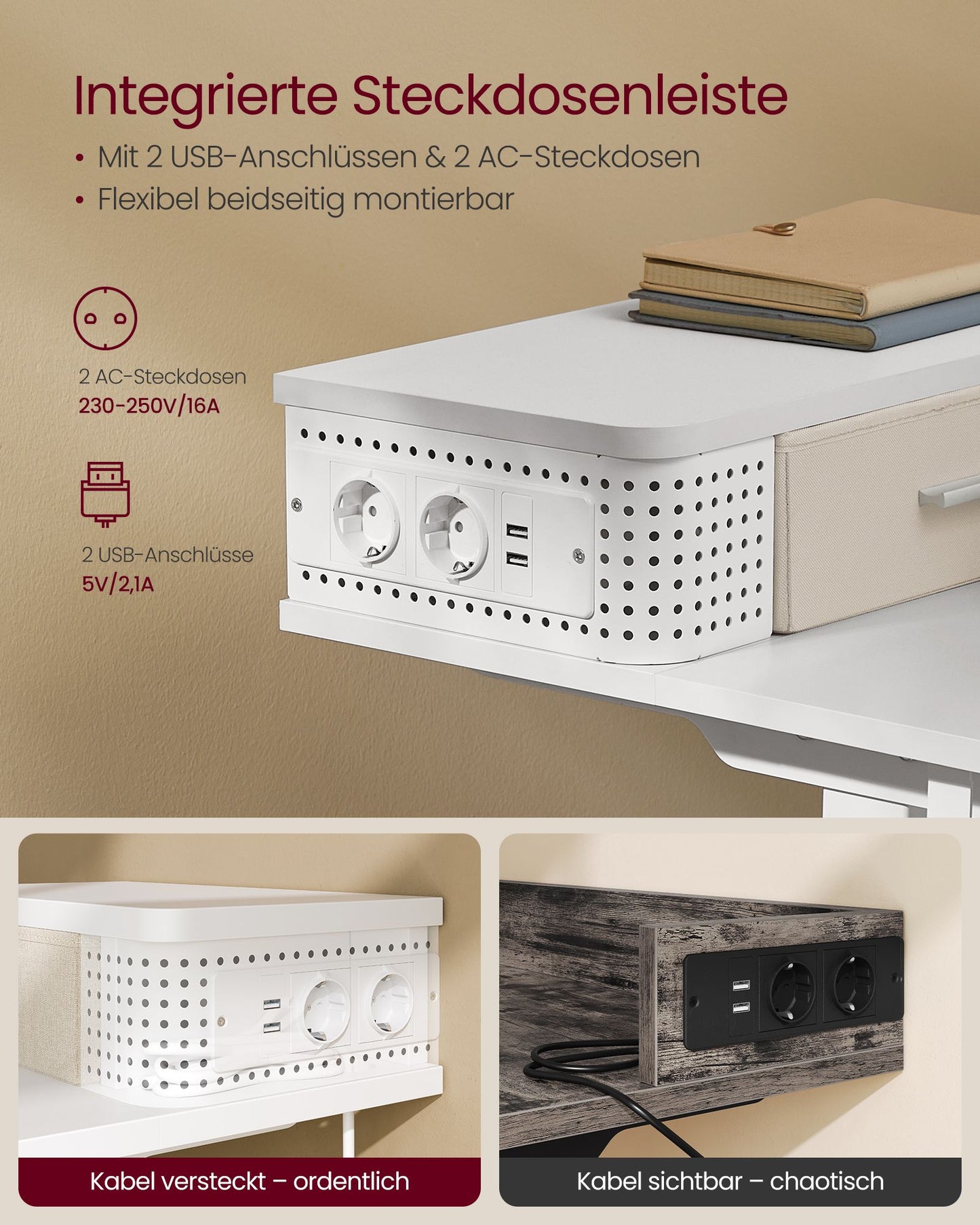 Höhenverstellbarer Schreibtisch Elektrisch, Computertisch, 60x120 cm, mit Monitorständer, Steckdosenleiste, Weiß, Vasagle, 6