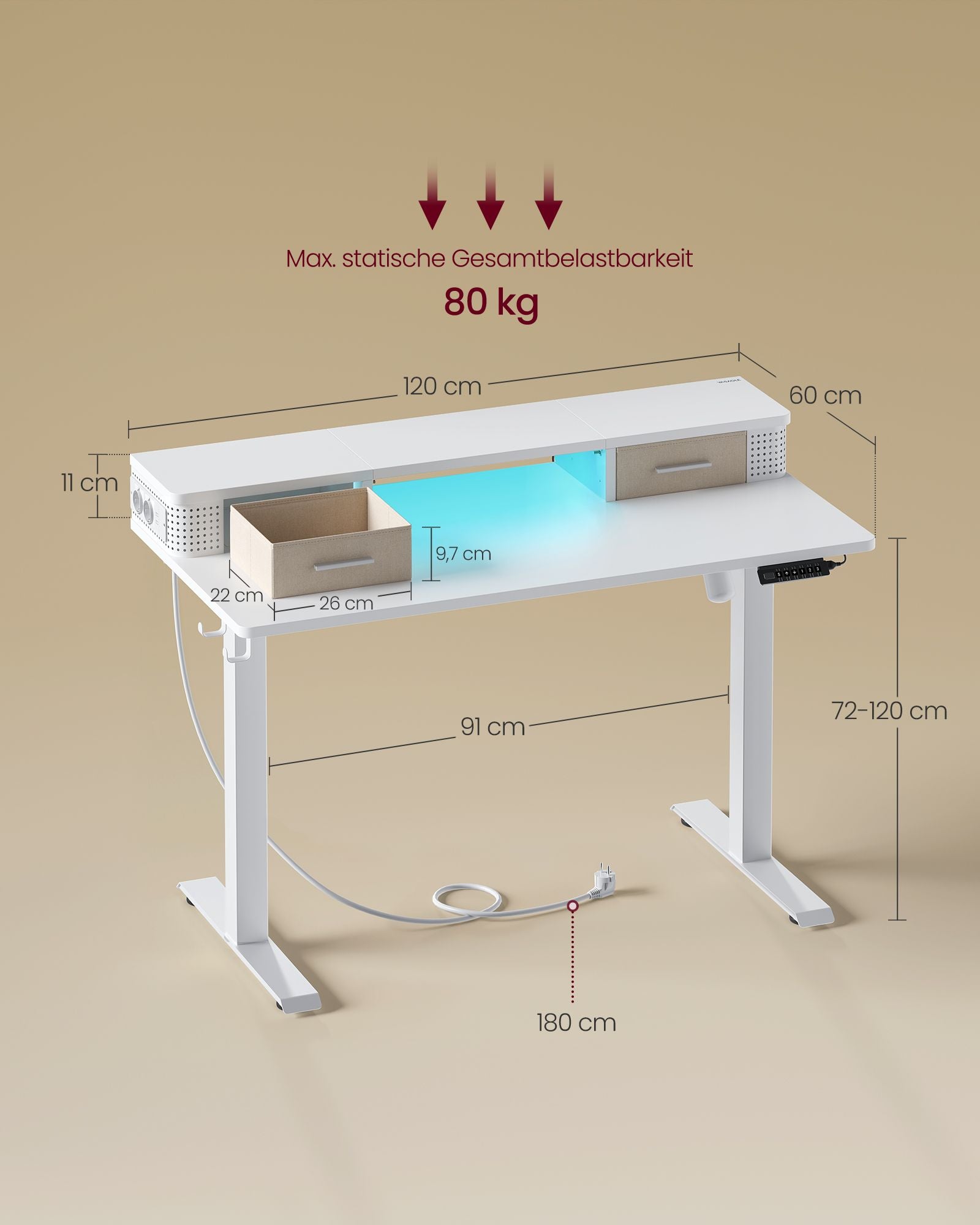 Höhenverstellbarer Schreibtisch Elektrisch, Computertisch, 60x120 cm, mit Monitorständer, Steckdosenleiste, Weiß, Vasagle, 7