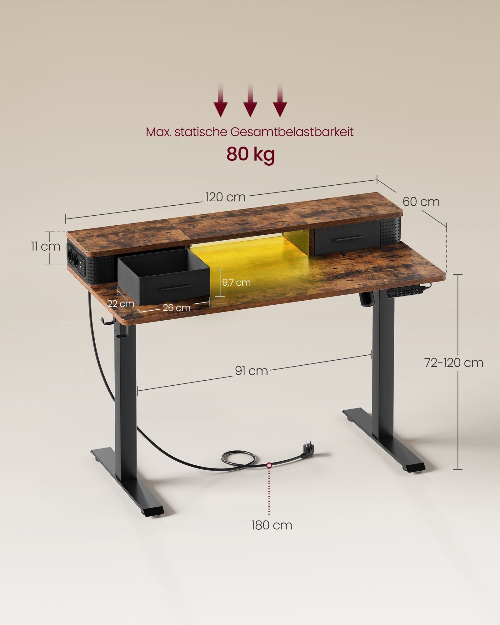 Höhenverstellbarer Schreibtisch Elektrisch, Computertisch, 60x120 cm, mit Monitorständer, Vintagebraun, Vasagle, 7