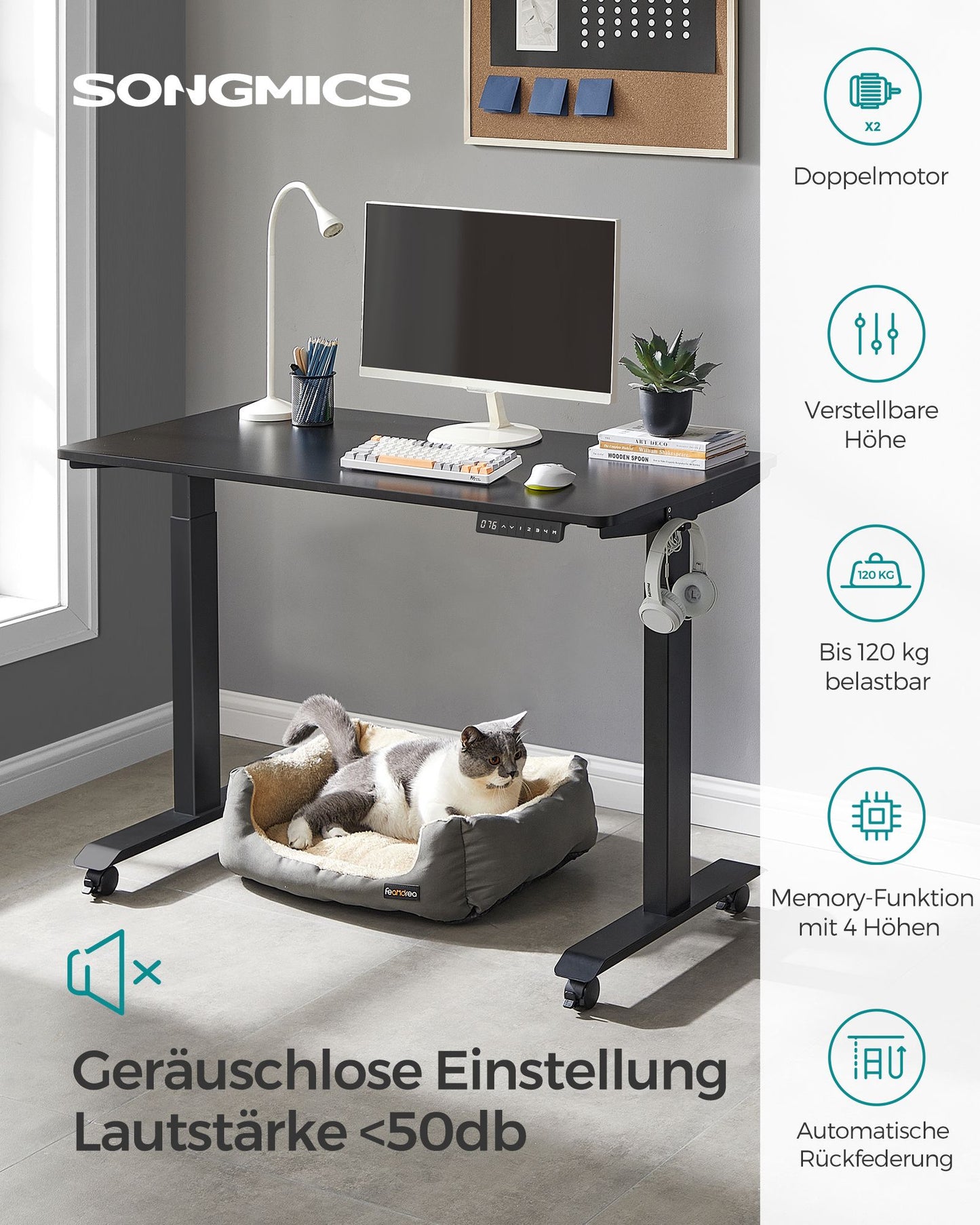 Höhenverstellbarer Schreibtisch Elektrisch, 60x120 cm, Computertisch, mit 4 Höhen, Bürotisch, Schwarz, Songmics, 2