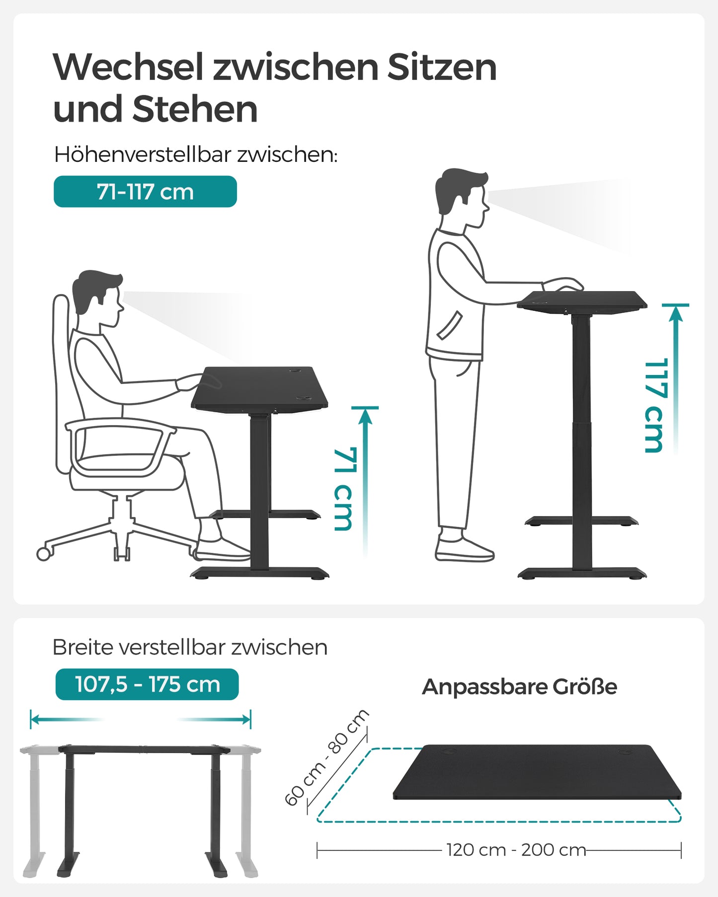 Höhenverstellbarer Schreibtisch Elektrisch, 60x120 cm, Computertisch, mit 4 Höhen, Bürotisch, Schwarz, Songmics, 3