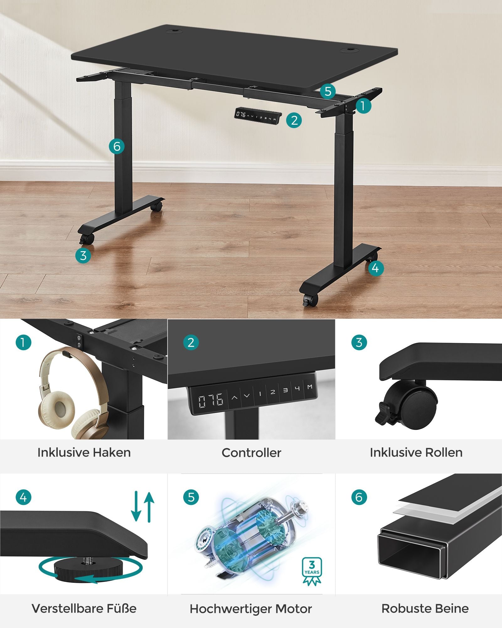 Höhenverstellbarer Schreibtisch Elektrisch, 60x120 cm, Computertisch, mit 4 Höhen, Bürotisch, Schwarz, Songmics, 8