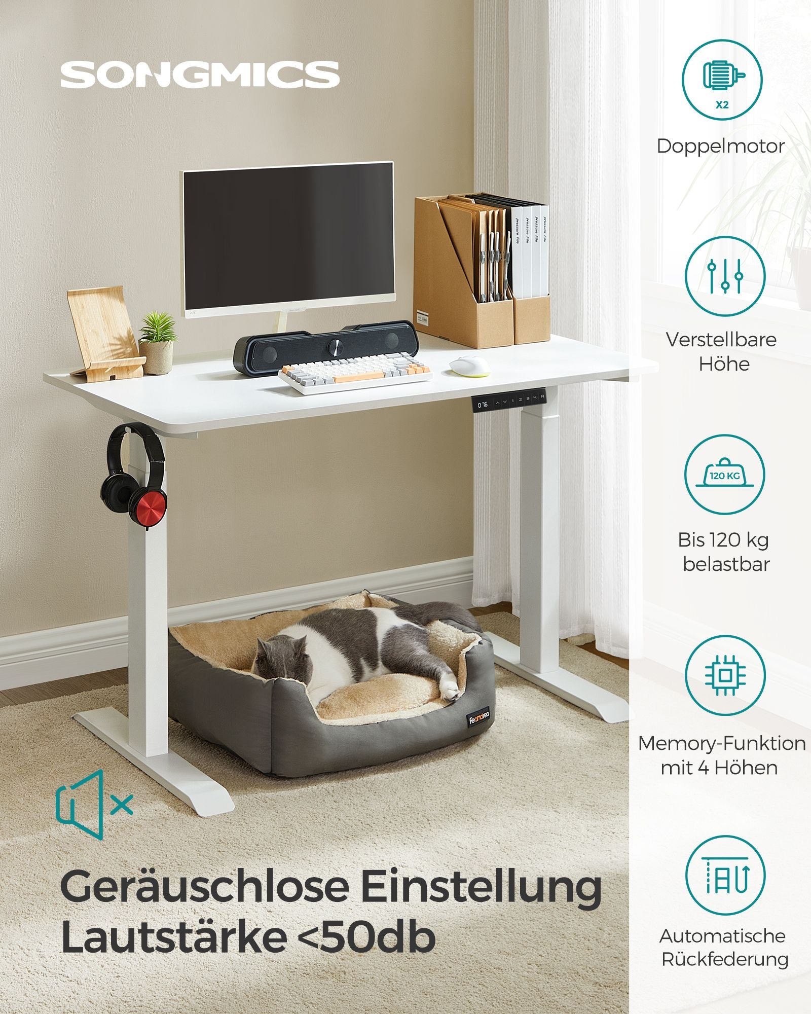 Höhenverstellbarer Schreibtisch Elektrisch, 60x120 cm, Standing desk, Computertisch, mit 4 Höhen, Weiß, Songmics, 2