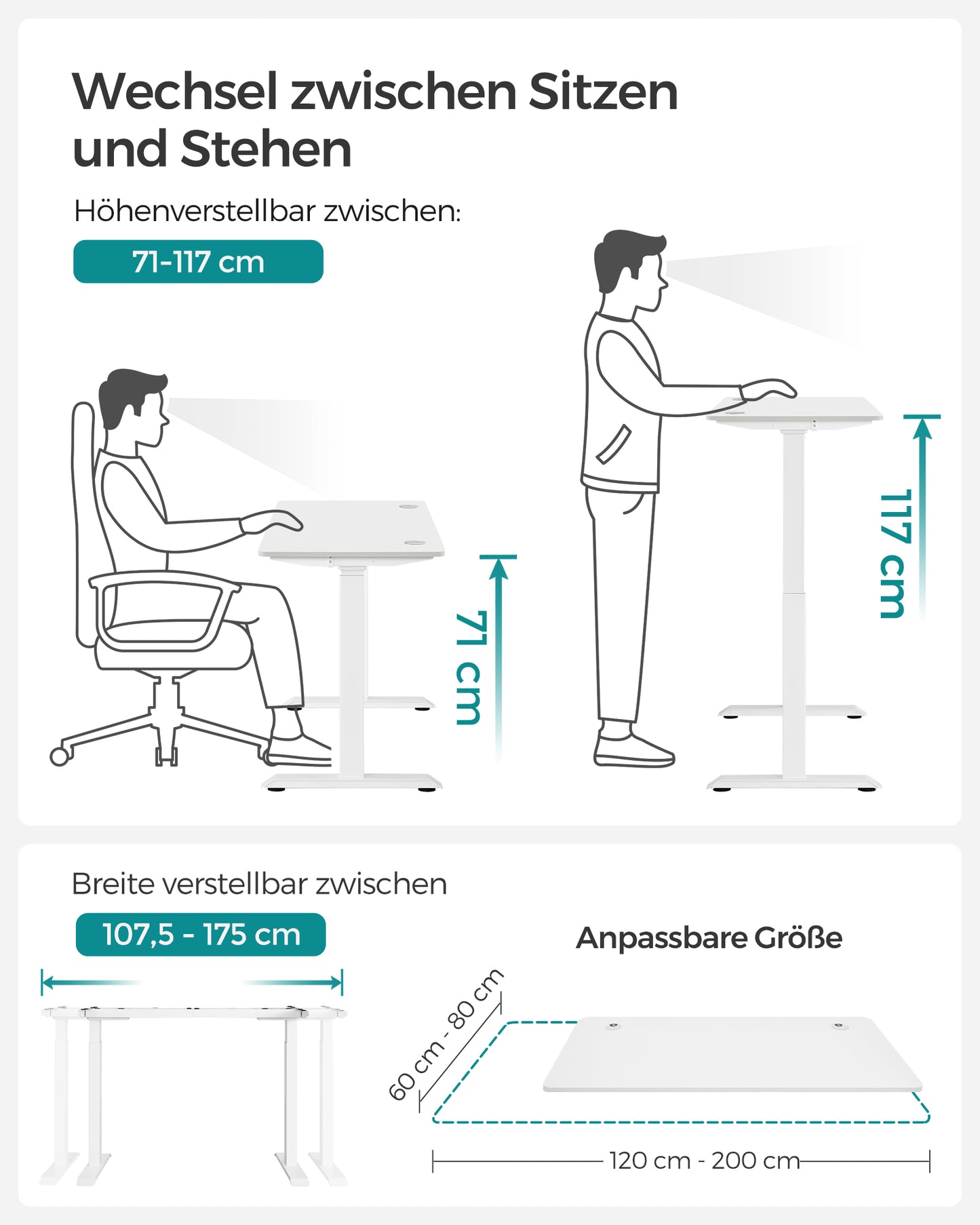 Höhenverstellbarer Schreibtisch Elektrisch, 60x120 cm, Standing desk, Computertisch, mit 4 Höhen, Weiß, Songmics, 3