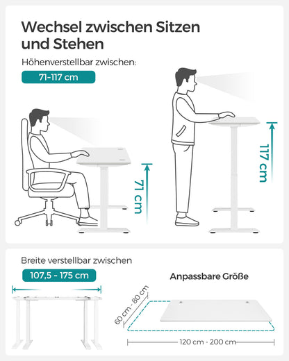 Höhenverstellbarer Schreibtisch Elektrisch, 60x120 cm, Standing desk, Computertisch, mit 4 Höhen, Weiß, Songmics, 3