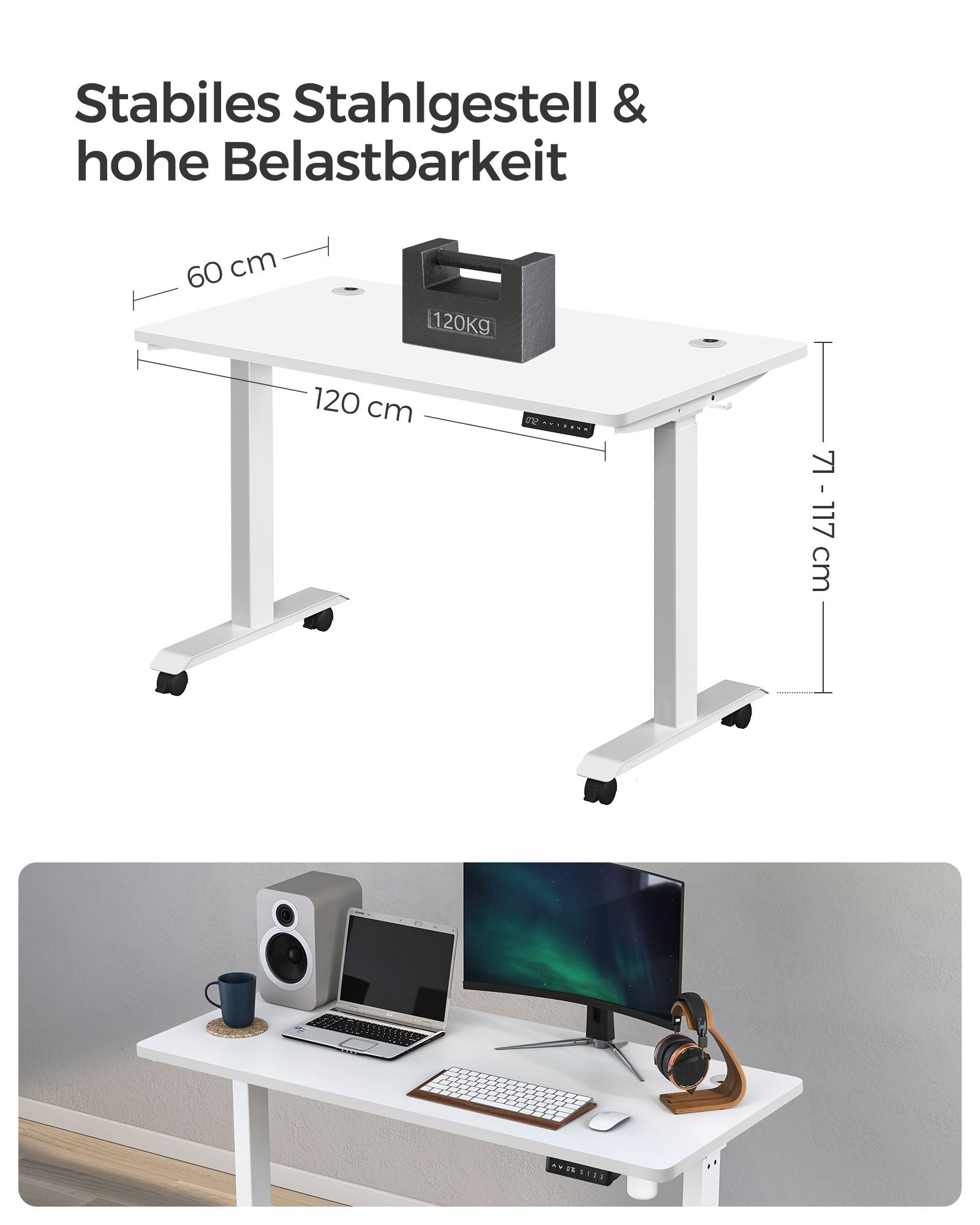 Höhenverstellbarer Schreibtisch Elektrisch, 60x120 cm, Standing desk, Computertisch, mit 4 Höhen, Weiß, Songmics, 6