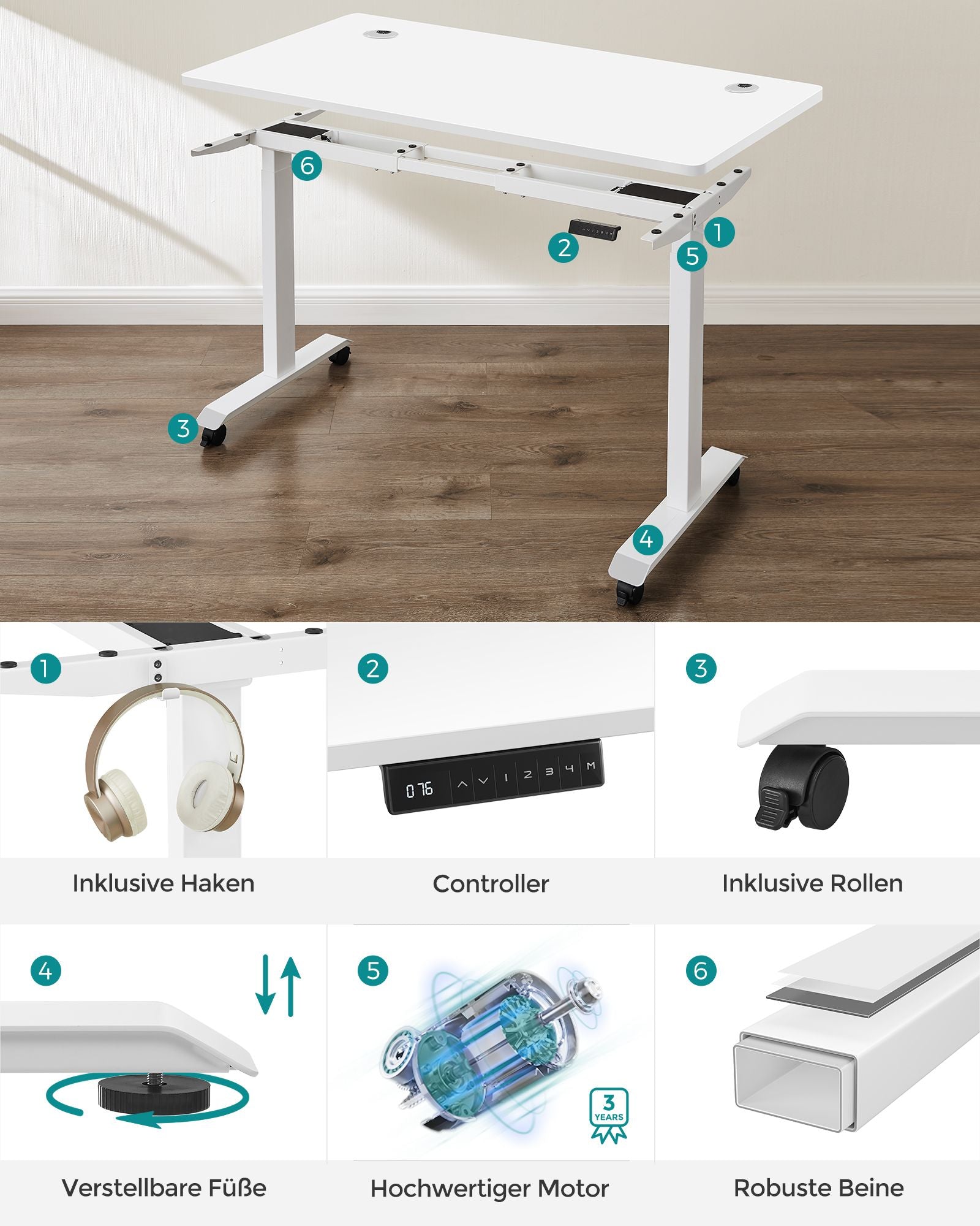 Höhenverstellbarer Schreibtisch Elektrisch, 60x120 cm, Standing desk, Computertisch, mit 4 Höhen, Weiß, Songmics, 8