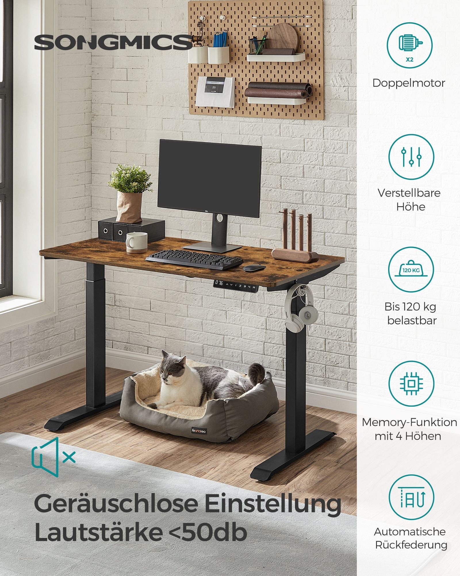 Höhenverstellbarer Schreibtisch Elektrisch, 60x120 cm, Standing desk, mit 4 Höhen, Vintagebraun, Songmics, 2