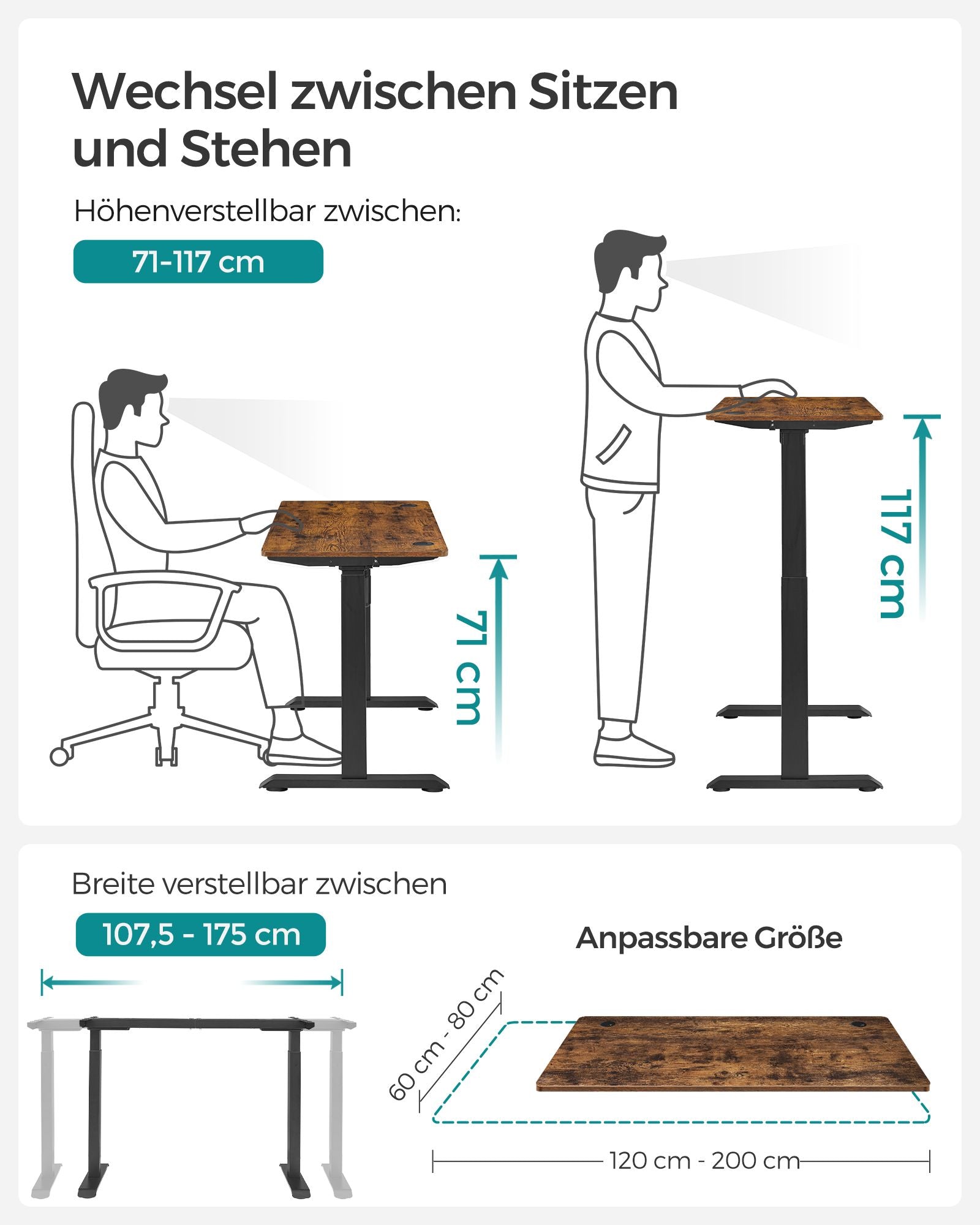 Höhenverstellbarer Schreibtisch Elektrisch, 60x120 cm, Standing desk, mit 4 Höhen, Vintagebraun, Songmics, 3