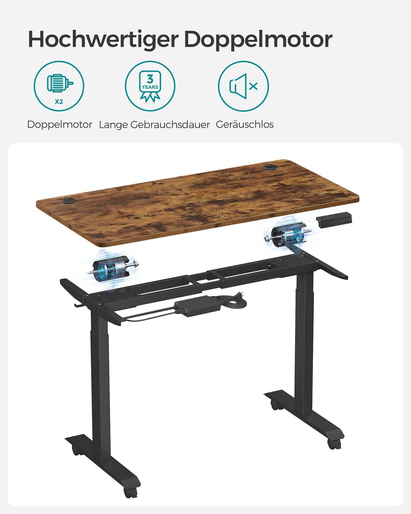 Höhenverstellbarer Schreibtisch Elektrisch, 60x120 cm, Standing desk, mit 4 Höhen, Vintagebraun, Songmics, 5