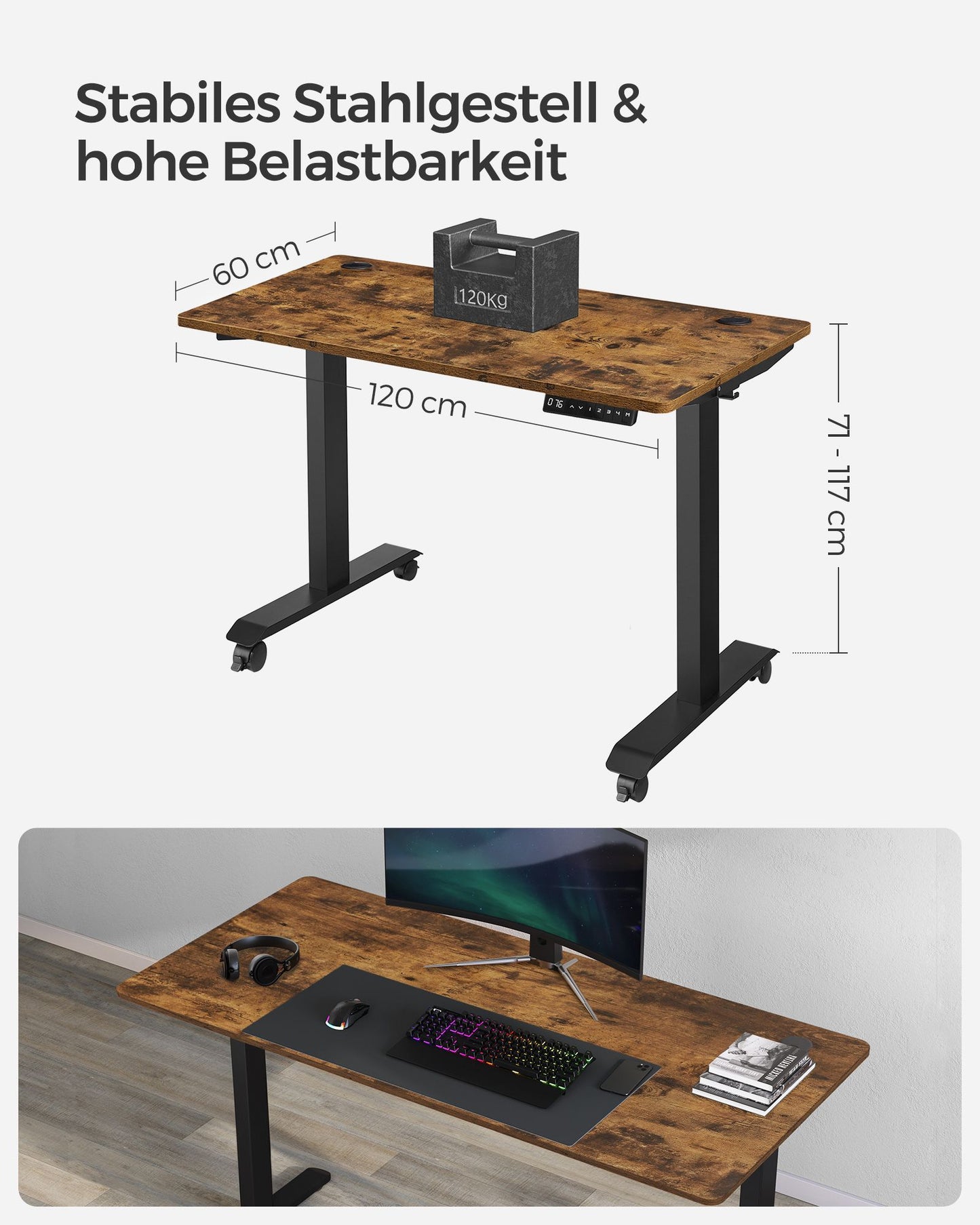 Höhenverstellbarer Schreibtisch Elektrisch, 60x120 cm, Standing desk, mit 4 Höhen, Vintagebraun, Songmics, 6